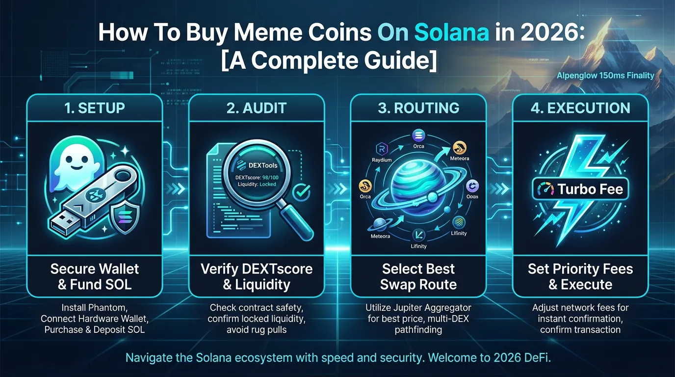 Guide to buying meme coins on Solana, featuring wallet setup and fee details for 2026 investors.