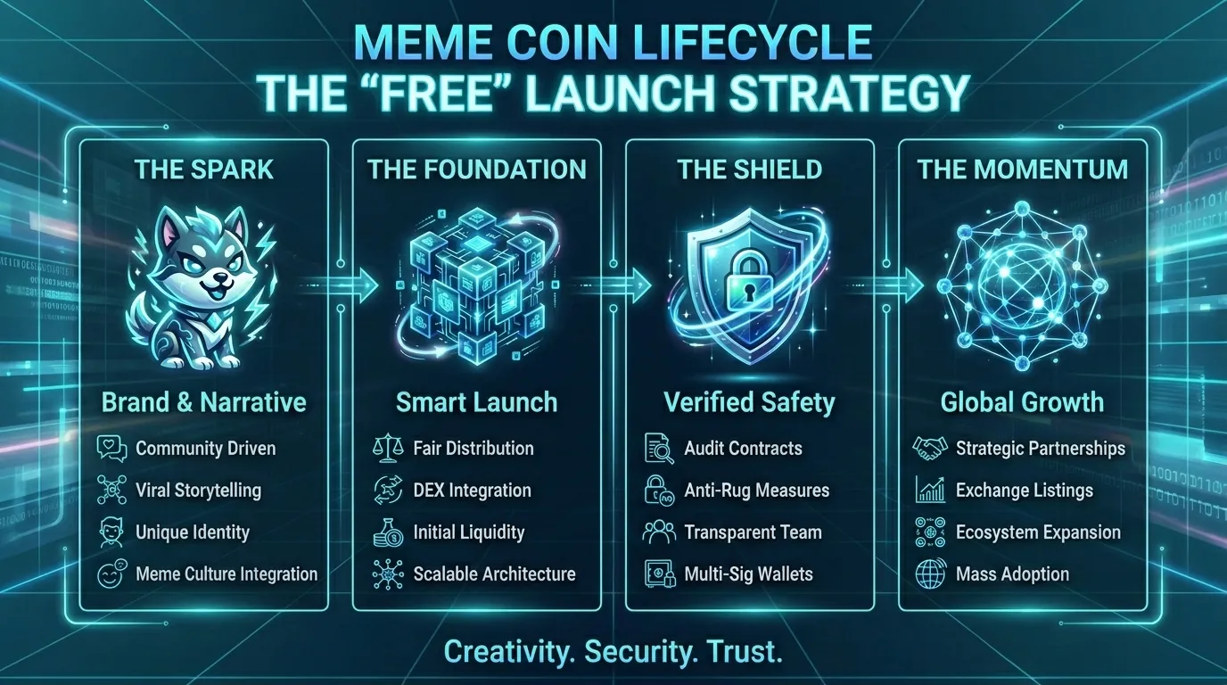 Meme coin creation strategy infographic highlighting no-code options and tradeoffs in the digital economy.