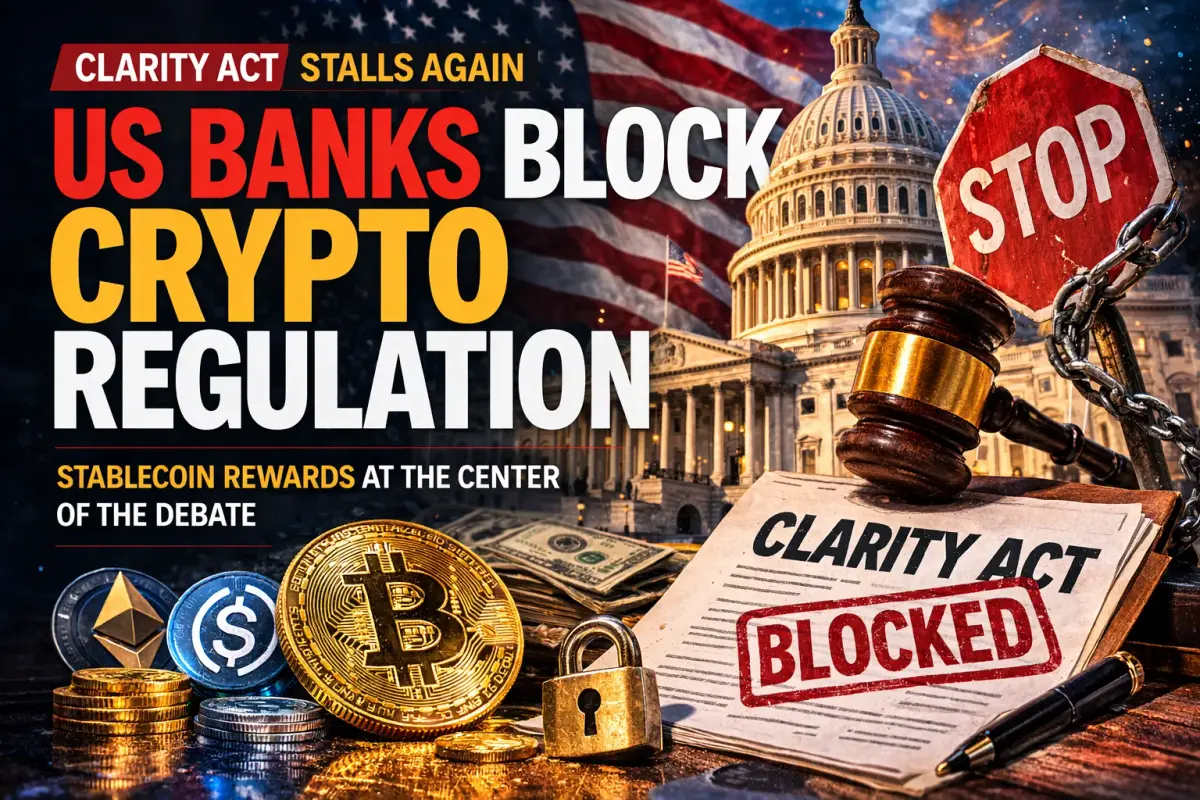 Banks resist stablecoin rewards amid Clarity Act stalling, raising concerns over digital asset regulation and deposit migration.