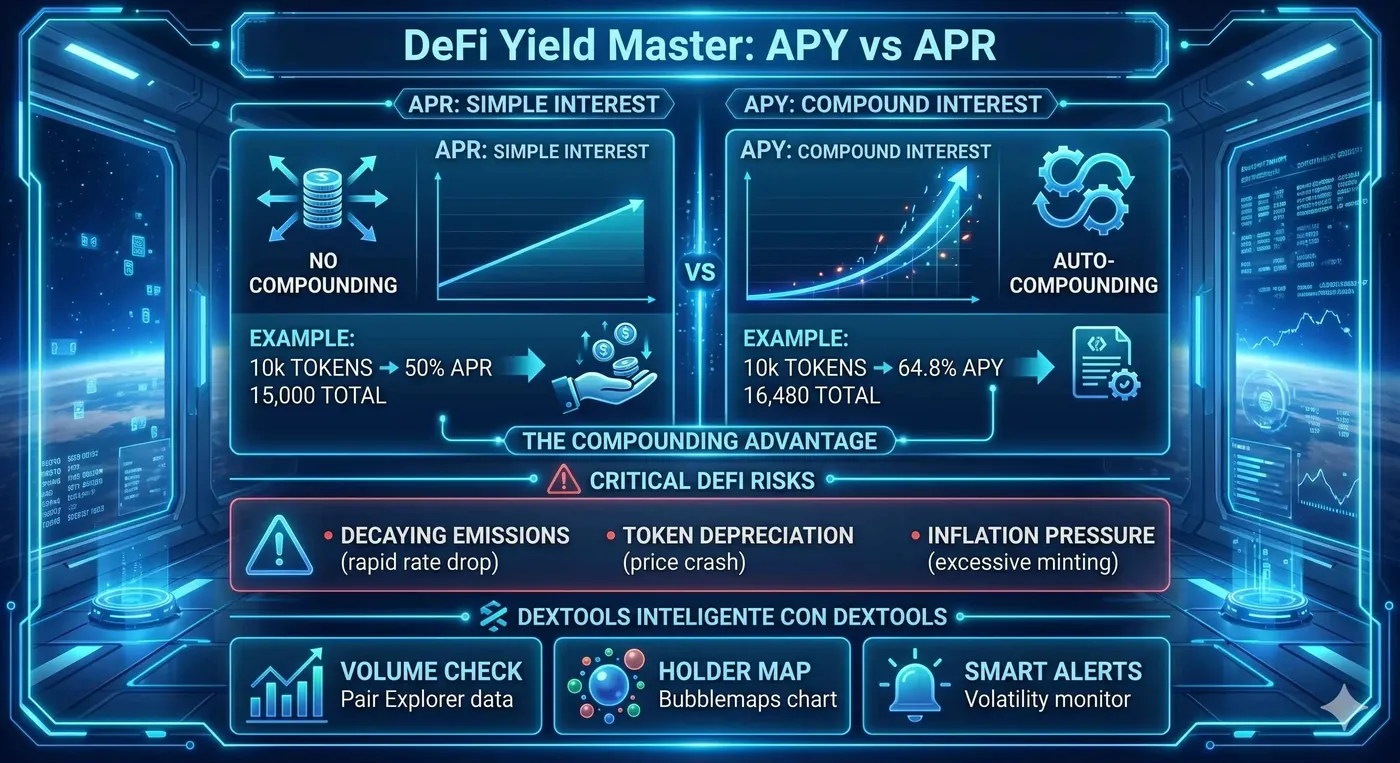 Infographic comparing APY and APR in crypto, highlighting their impact on DeFi yields and investment strategies.