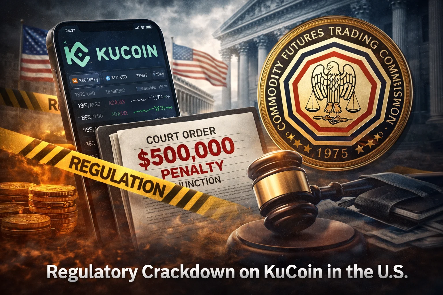 KuCoin logo with a backdrop of U.S. Capitol, symbolizing stricter U.S. crypto regulations for offshore exchanges.
