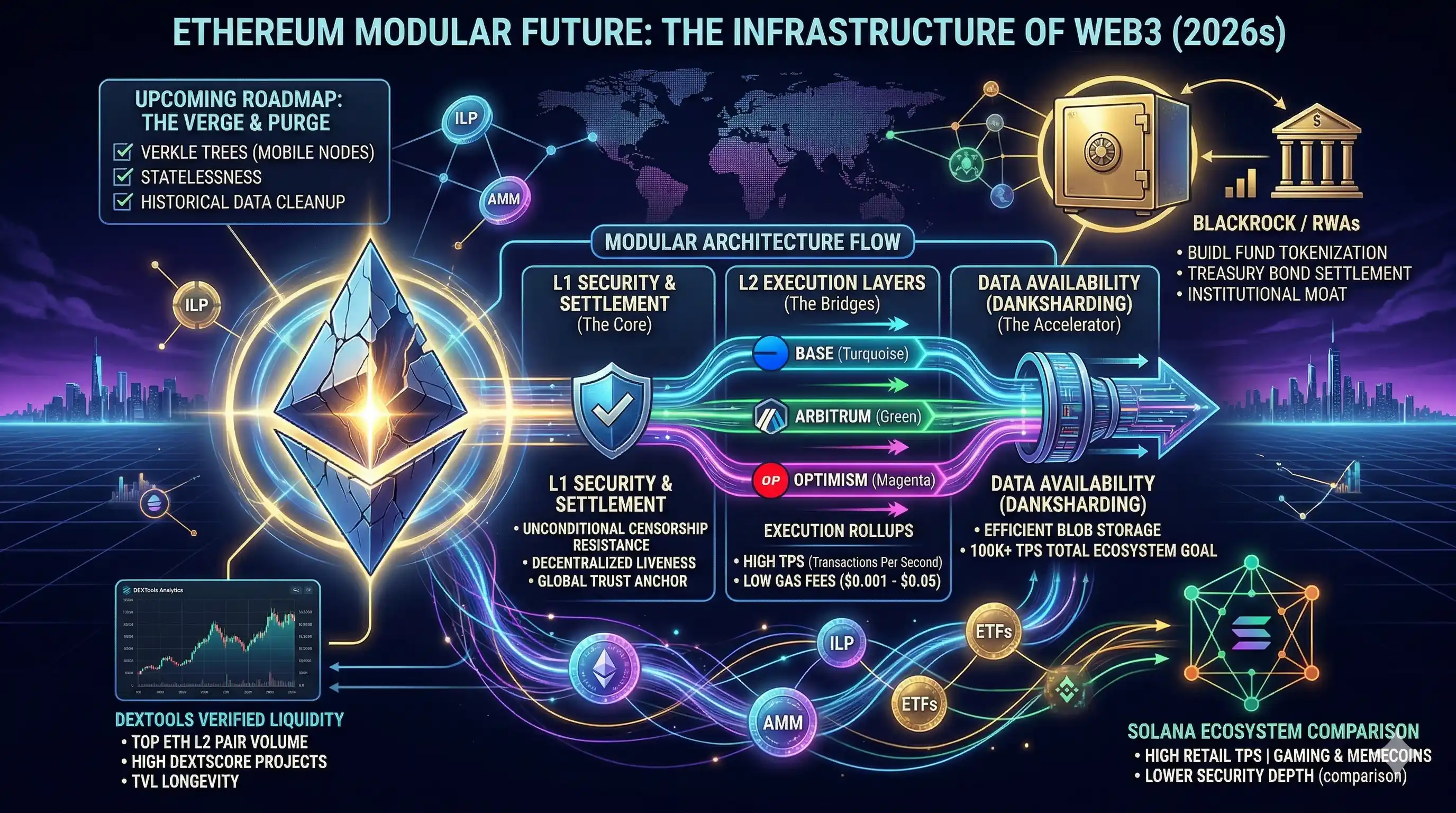 Ethereum logo with a futuristic digital background, symbolizing its potential transformation by 2026 amidst market speculation.