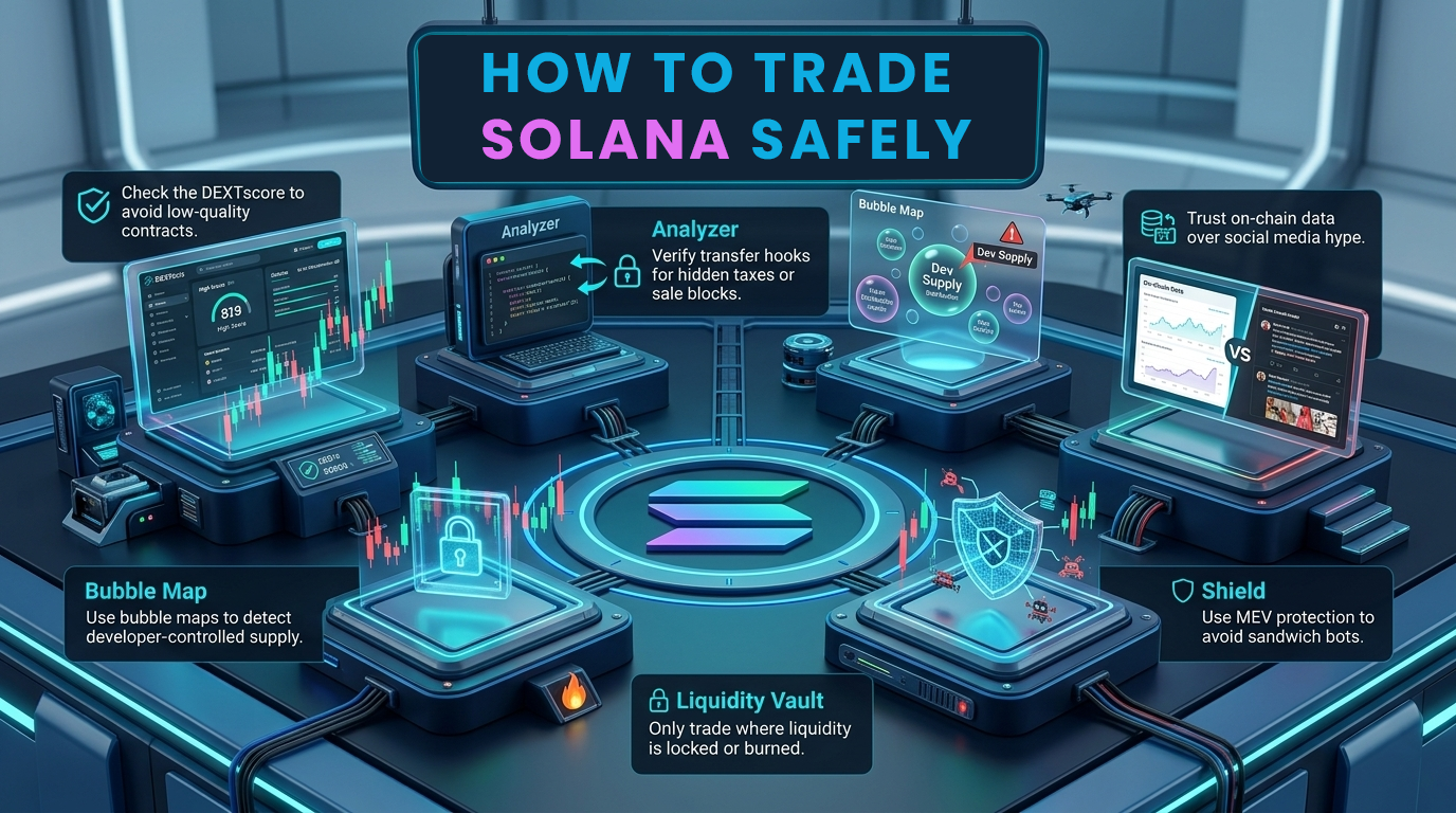 Solana meme coins trading guide with on-chain tools for safe investments in the 2026 cryptocurrency market.