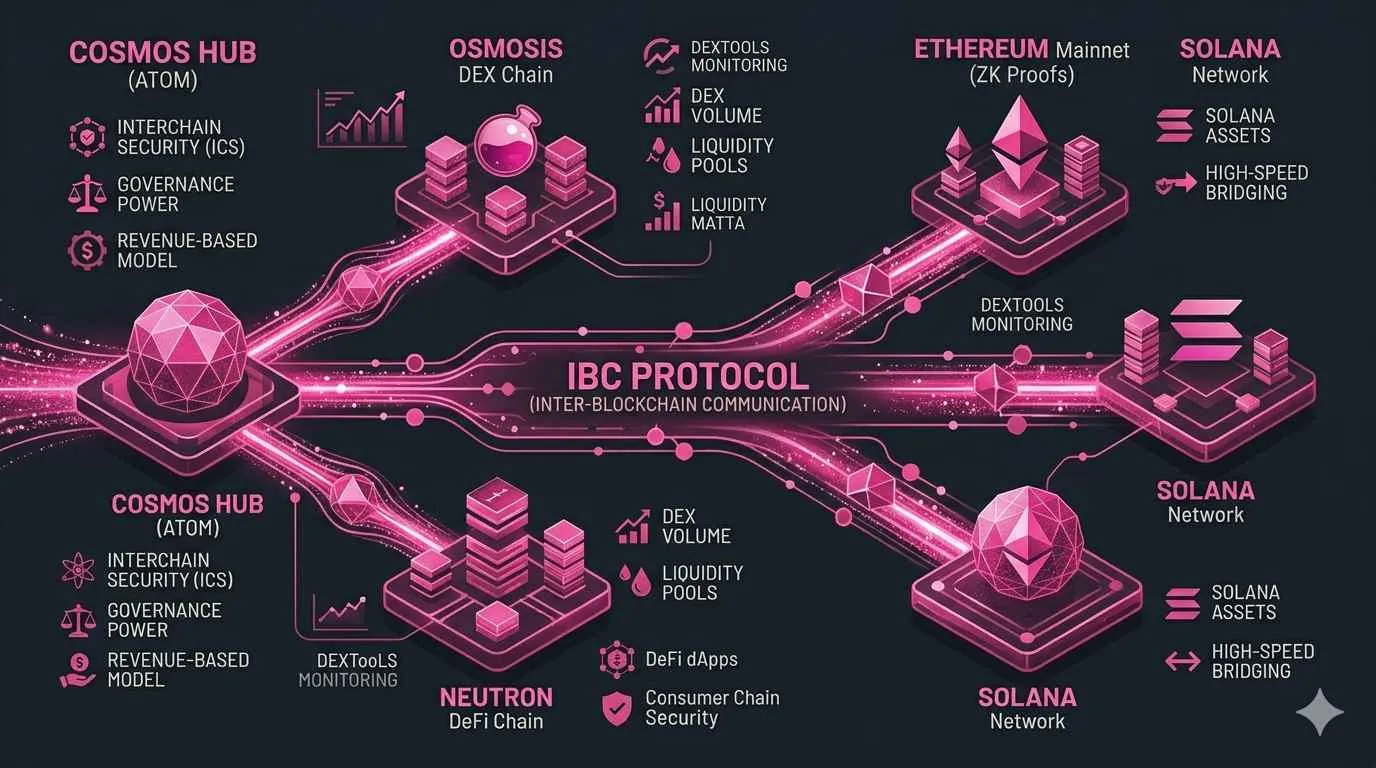 Illustration of Cosmos (ATOM) concept, showcasing interconnected blockchains and the Internet of Blockchains.