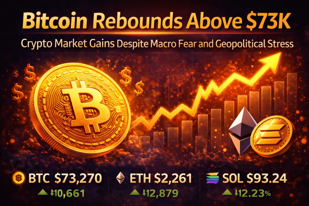 Bitcoin price surge to $73,270 highlights crypto market revival, with Ethereum and Solana also showing significant gains.