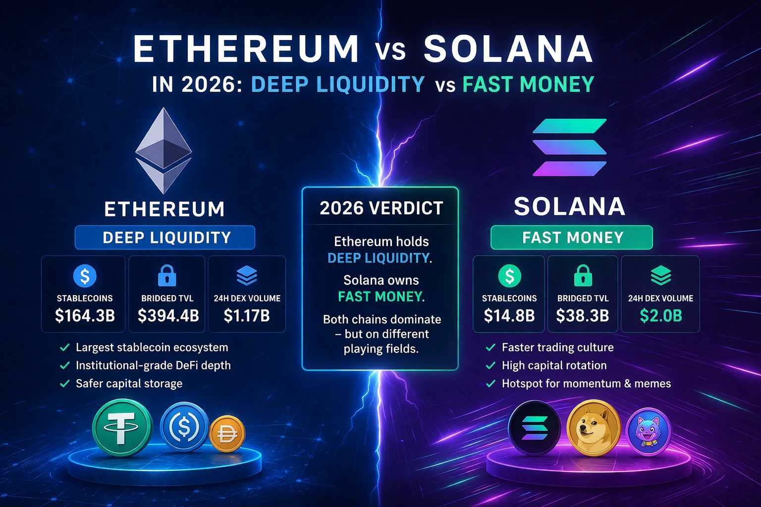Ethereum and Solana blockchain comparison highlighting liquidity and speed in 2026 financial markets.