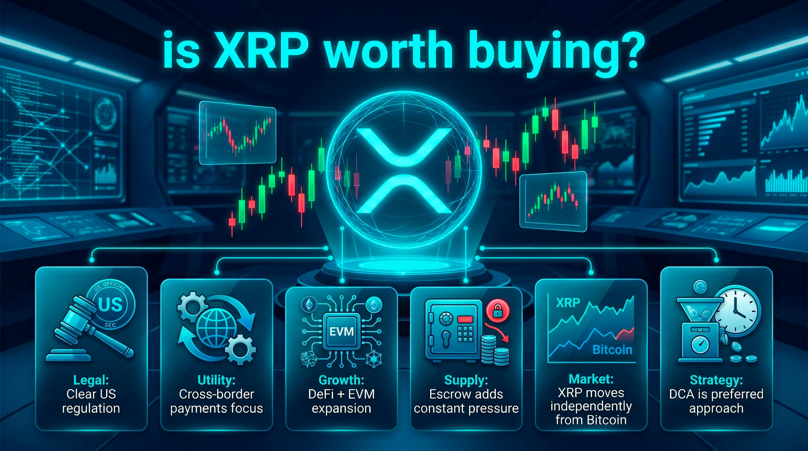 XRP token displayed against a backdrop of digital financial charts, symbolizing its investment potential in 2026.