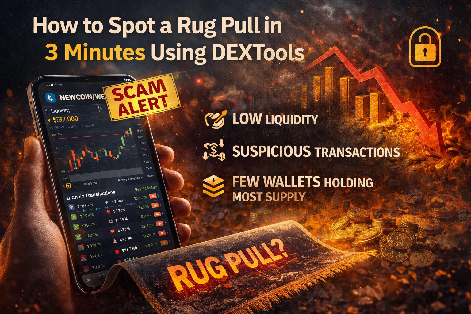 A trader analyzing crypto charts on DEXTools to avoid rug pulls and protect investments in the volatile market.
