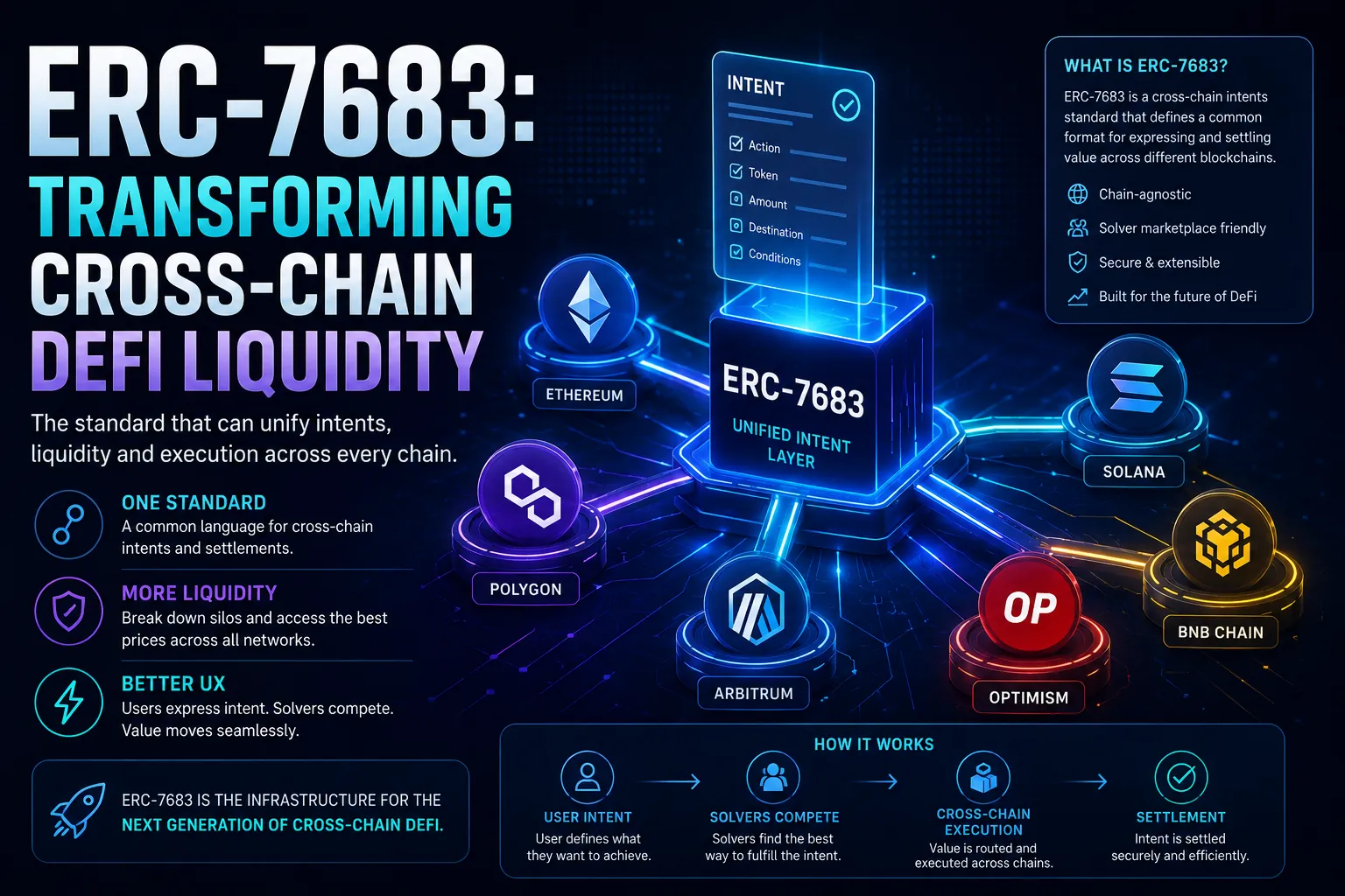 ERC-7683 enhances cross-chain DeFi liquidity by unifying fragmented assets across multiple networks and applications.