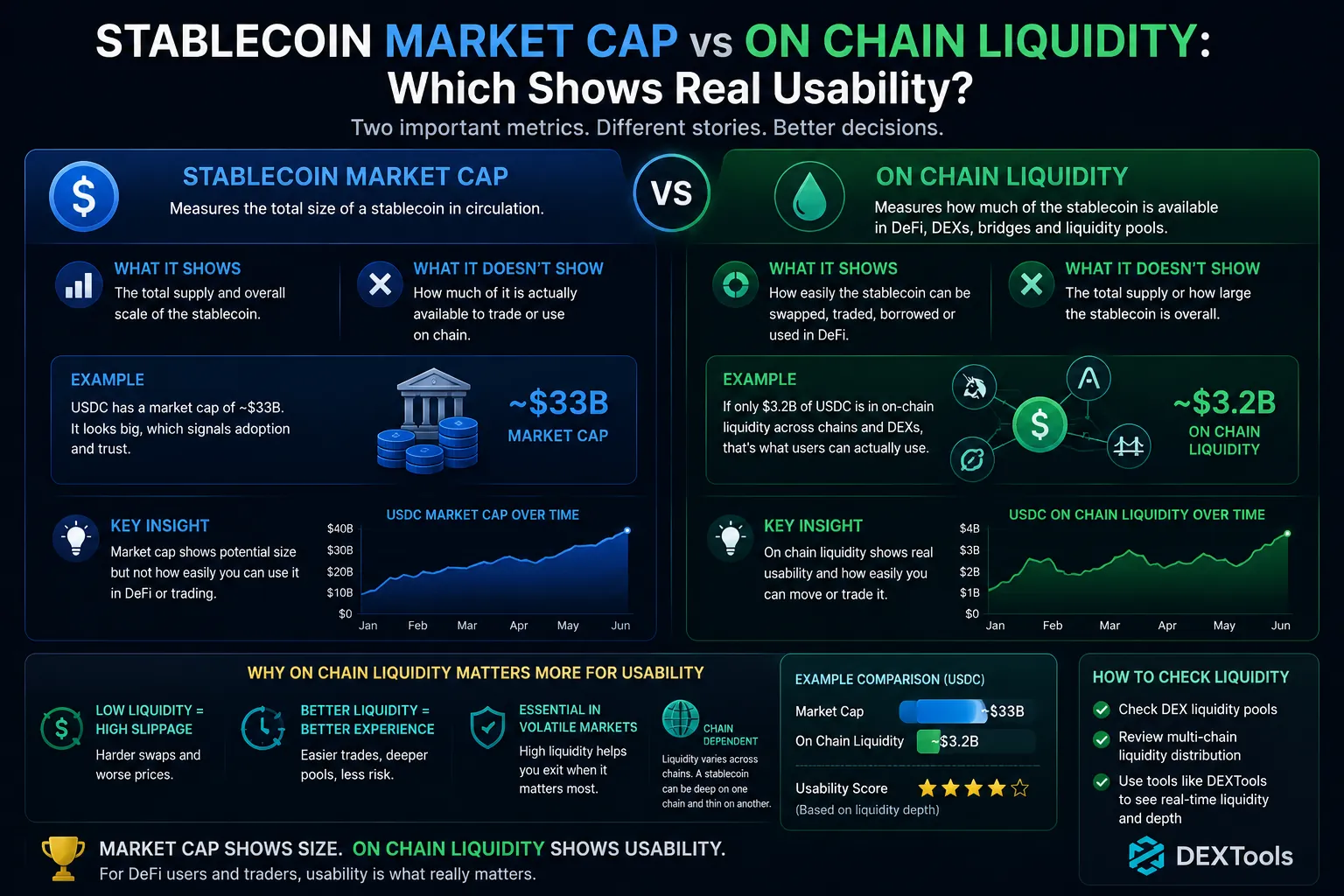 Stablecoin market cap comparison with on-chain liquidity, highlighting their role in crypto trading and DeFi access.