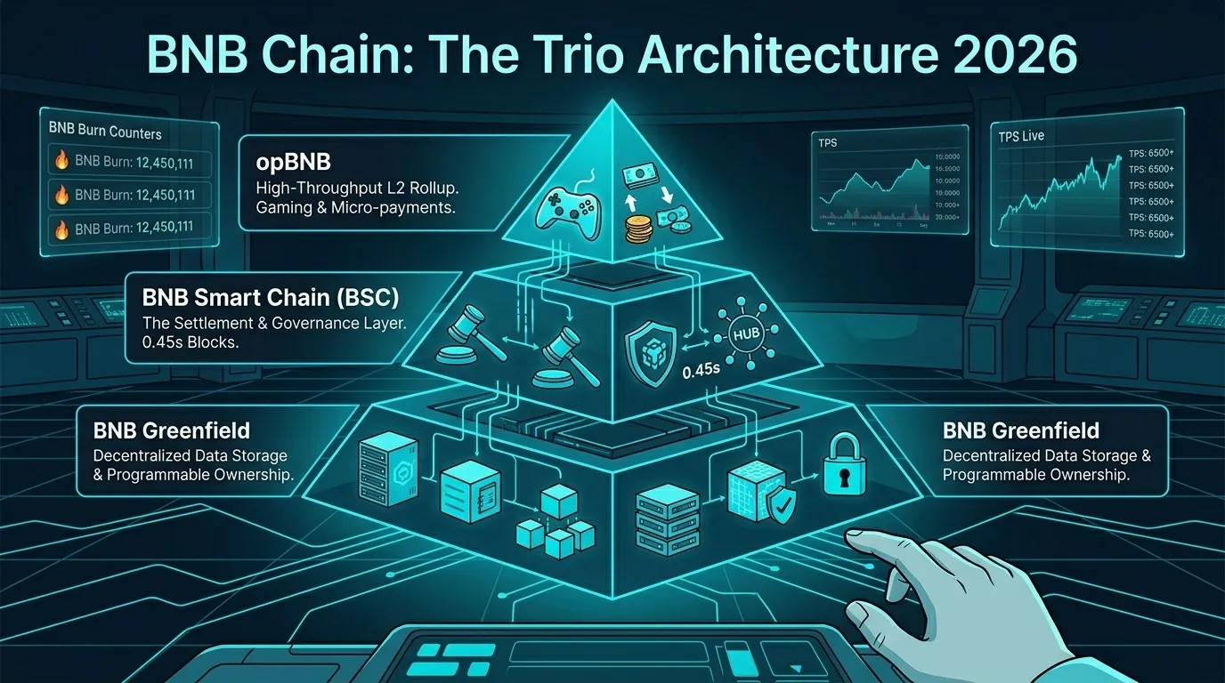 BNB Chain ecosystem overview in 2026, highlighting Smart Chain, opBNB, and Greenfield architecture evolution.