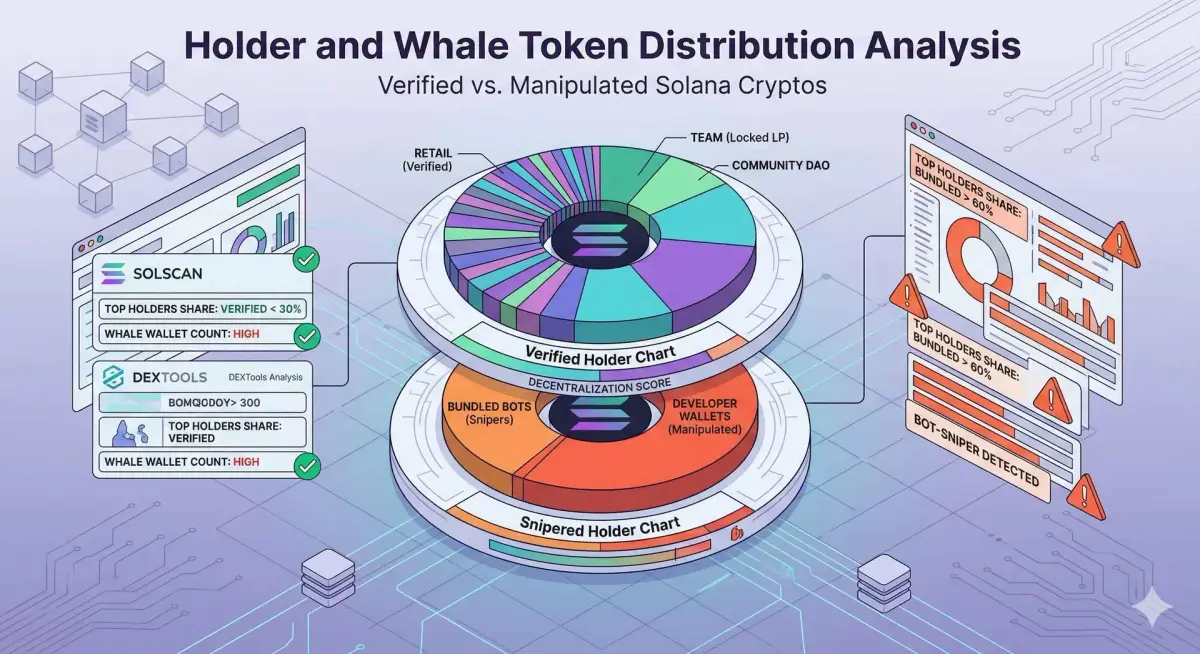 Solana blockchain graphic highlighting decentralized trading and rug pull risks for traders in 2026.