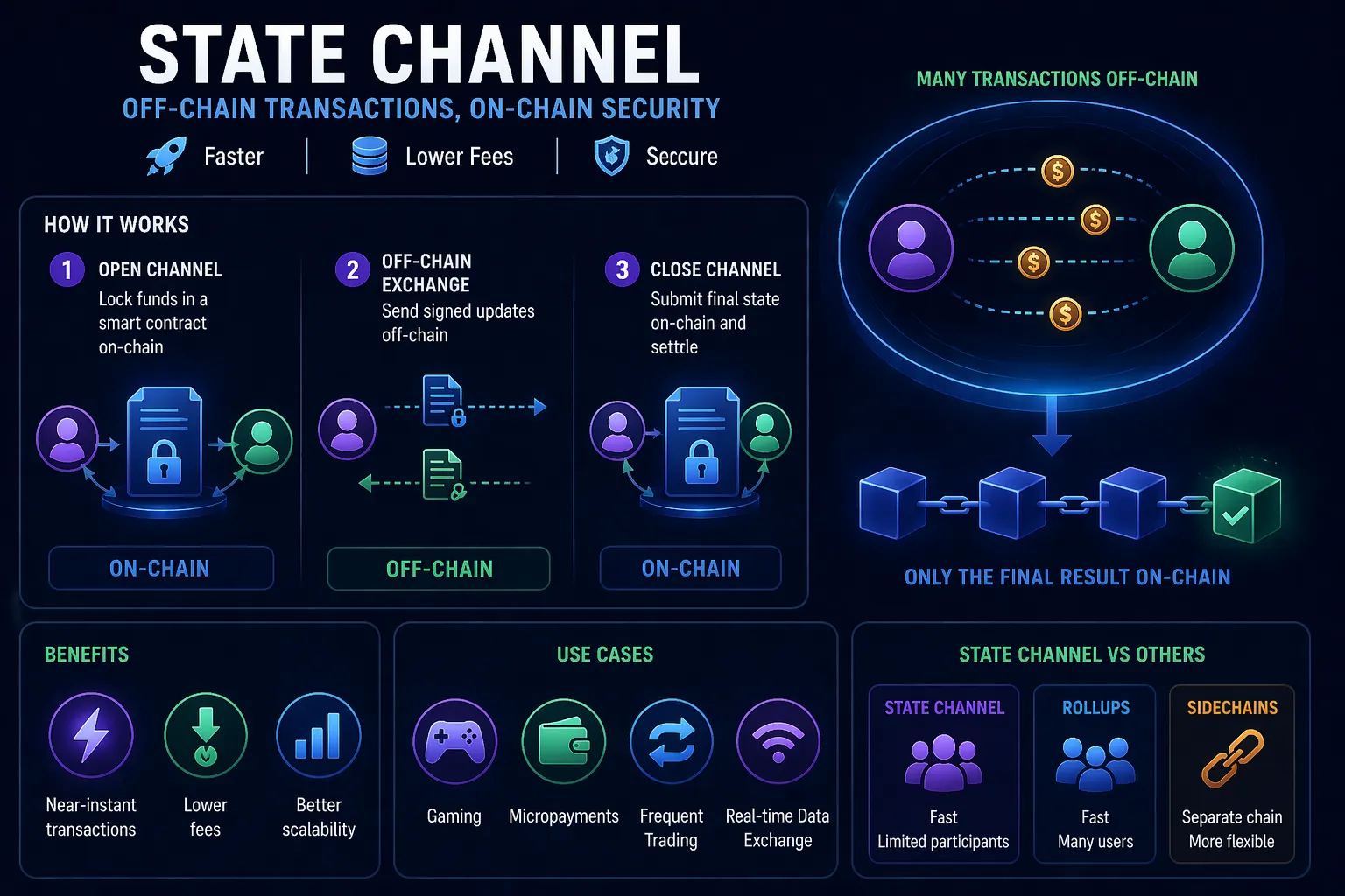 Illustration of state channels enabling off-chain crypto transactions for instant and low-cost interactions.