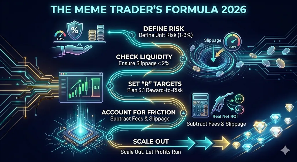 Meme coin calculator graphic illustrating position size and potential returns in a volatile market.
