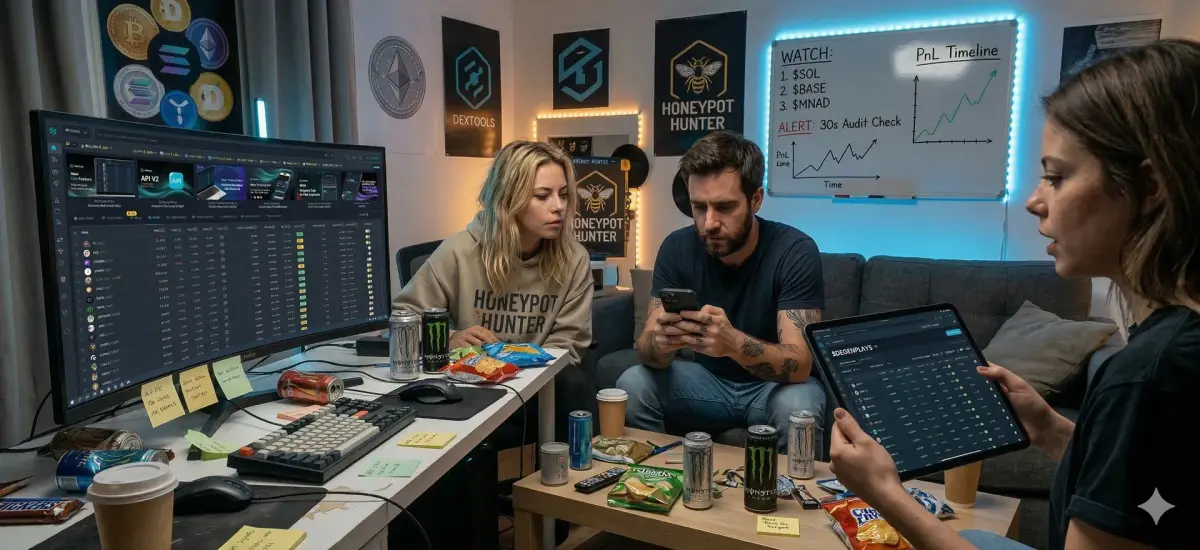 Expert trader analyzing DEXTools interface, focusing on filters and watchlists for effective market navigation.