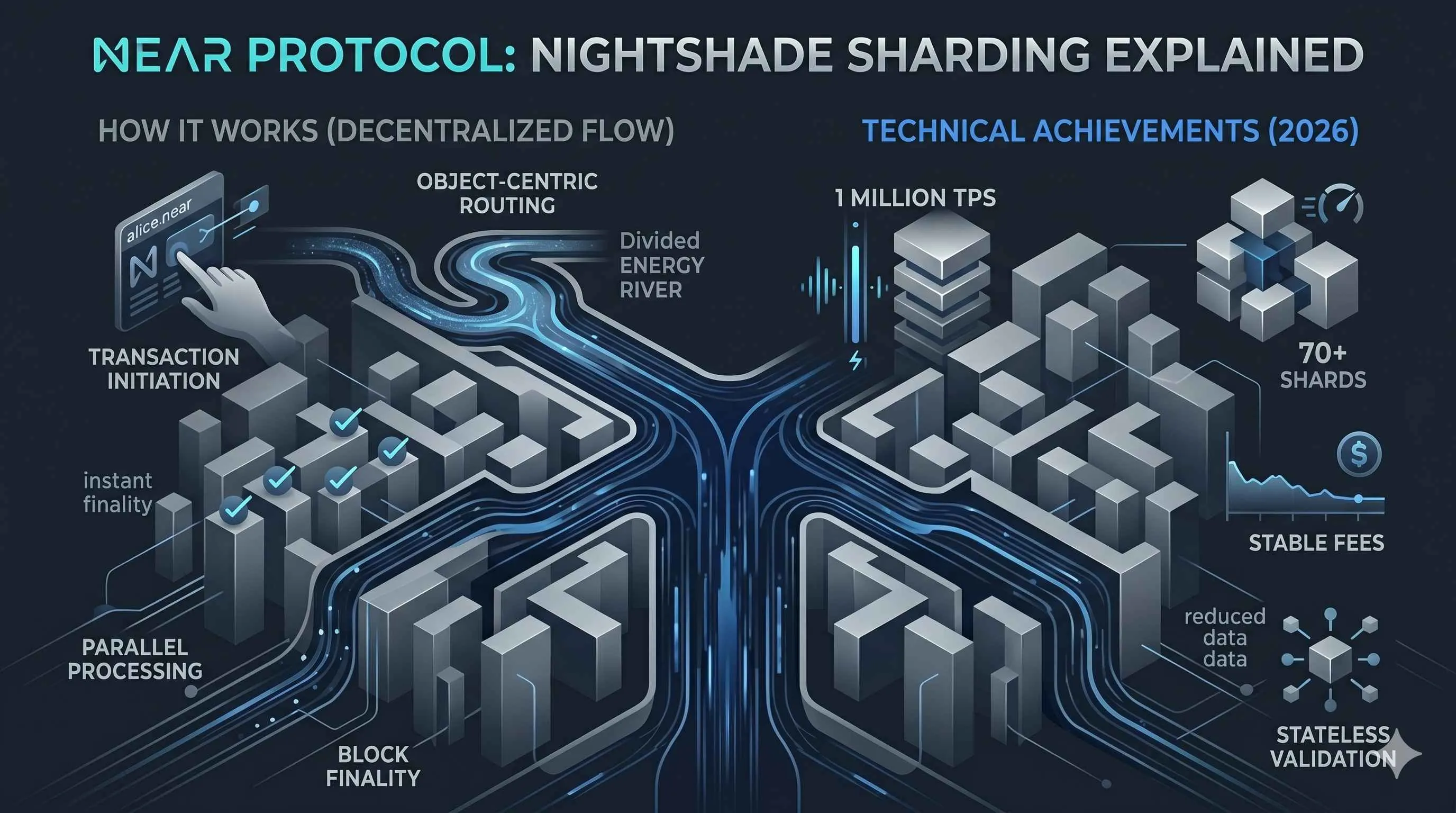 Illustration of Near Protocol's sharded PoS architecture, highlighting its balance of security, decentralization, and speed.