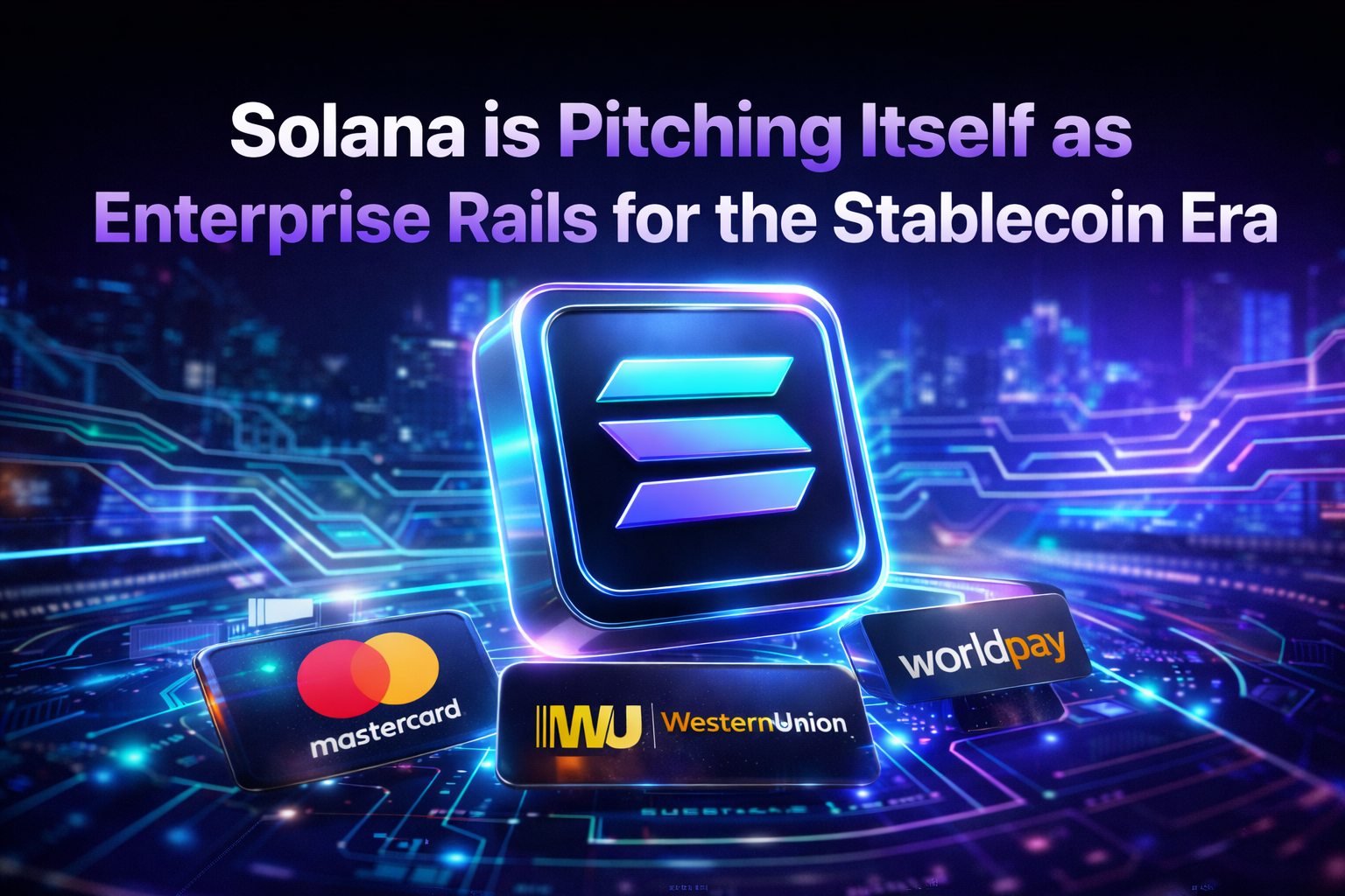 Solana blockchain logo with a backdrop of digital currency symbols, symbolizing its shift towards enterprise stablecoin solutions.