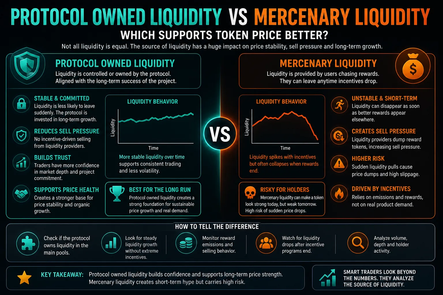 Comparison of Protocol Owned Liquidity and Mercenary Liquidity in DeFi trading dynamics and market stability.