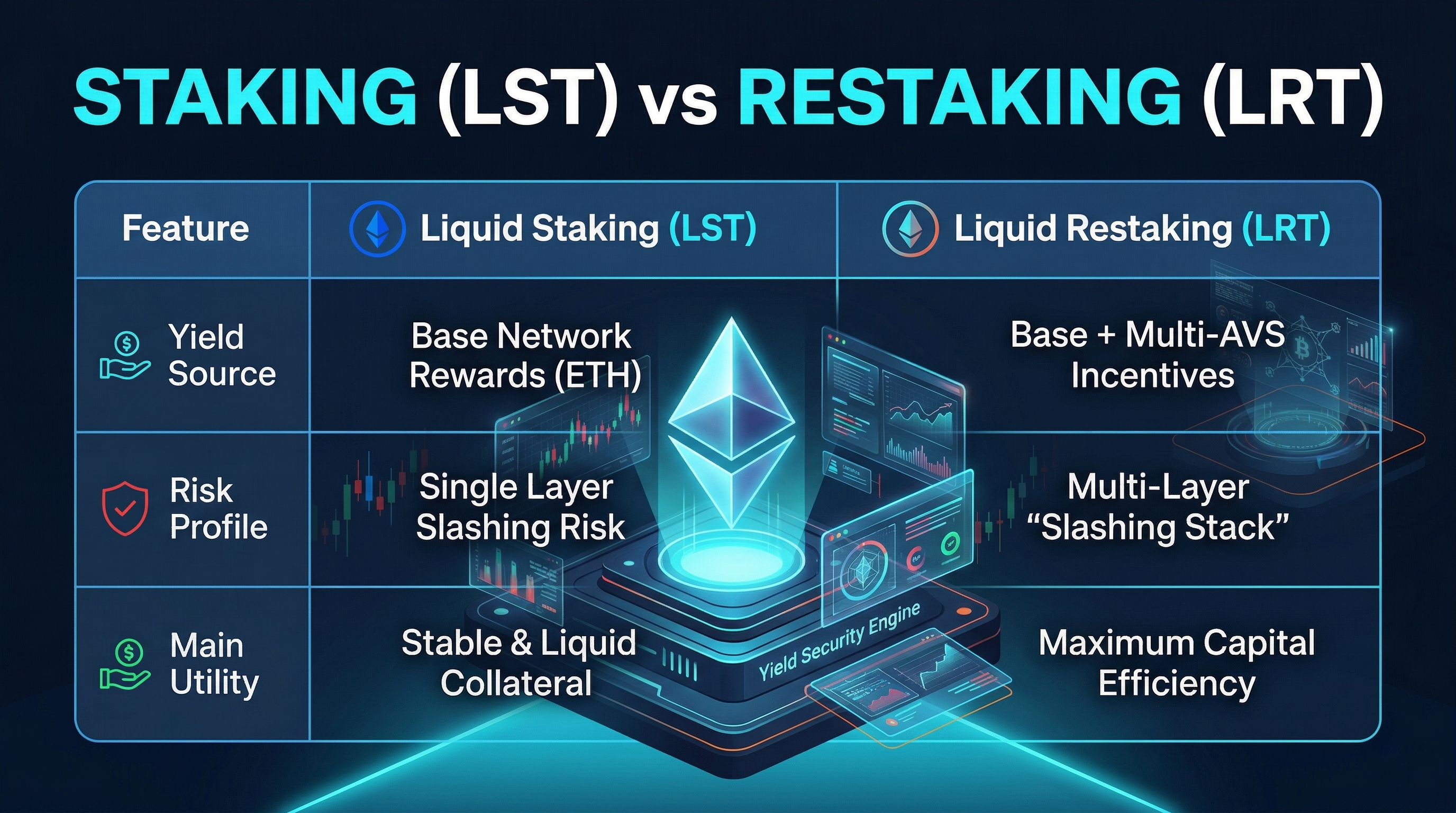Comparison of liquid staking and restaking in Ethereum's evolving yield landscape, March 2026.