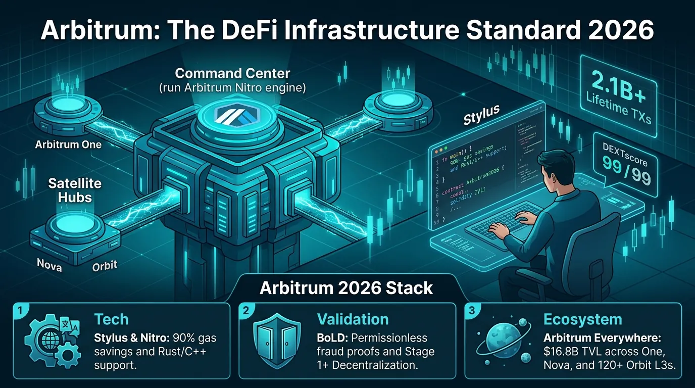 Arbitrum Layer 2 scaling solution for Ethereum, showcasing its tech ecosystem and future potential in 2026.