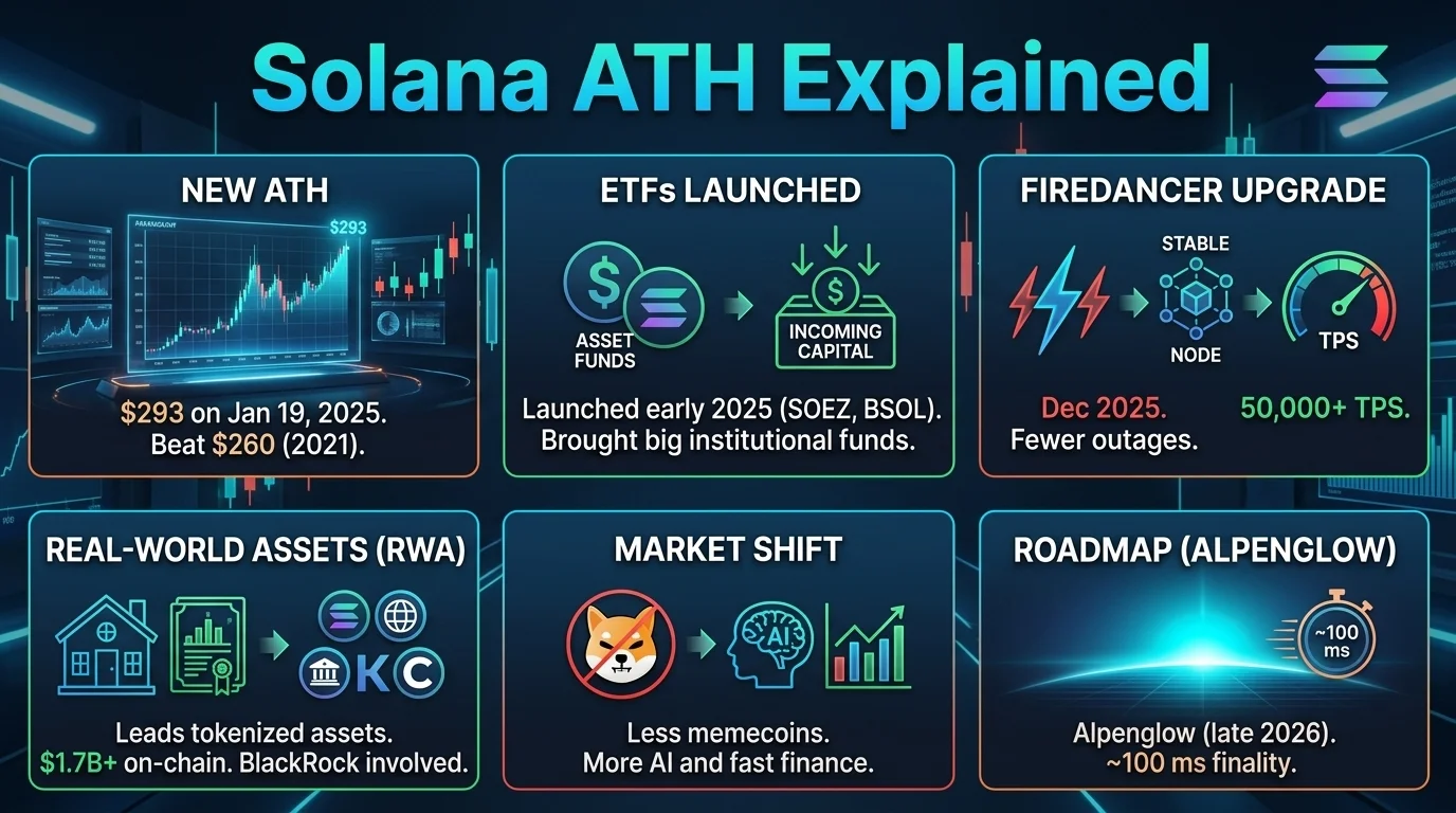 Solana blockchain logo with a graph showing the rise to its all-time high, symbolizing its financial growth and resilience.