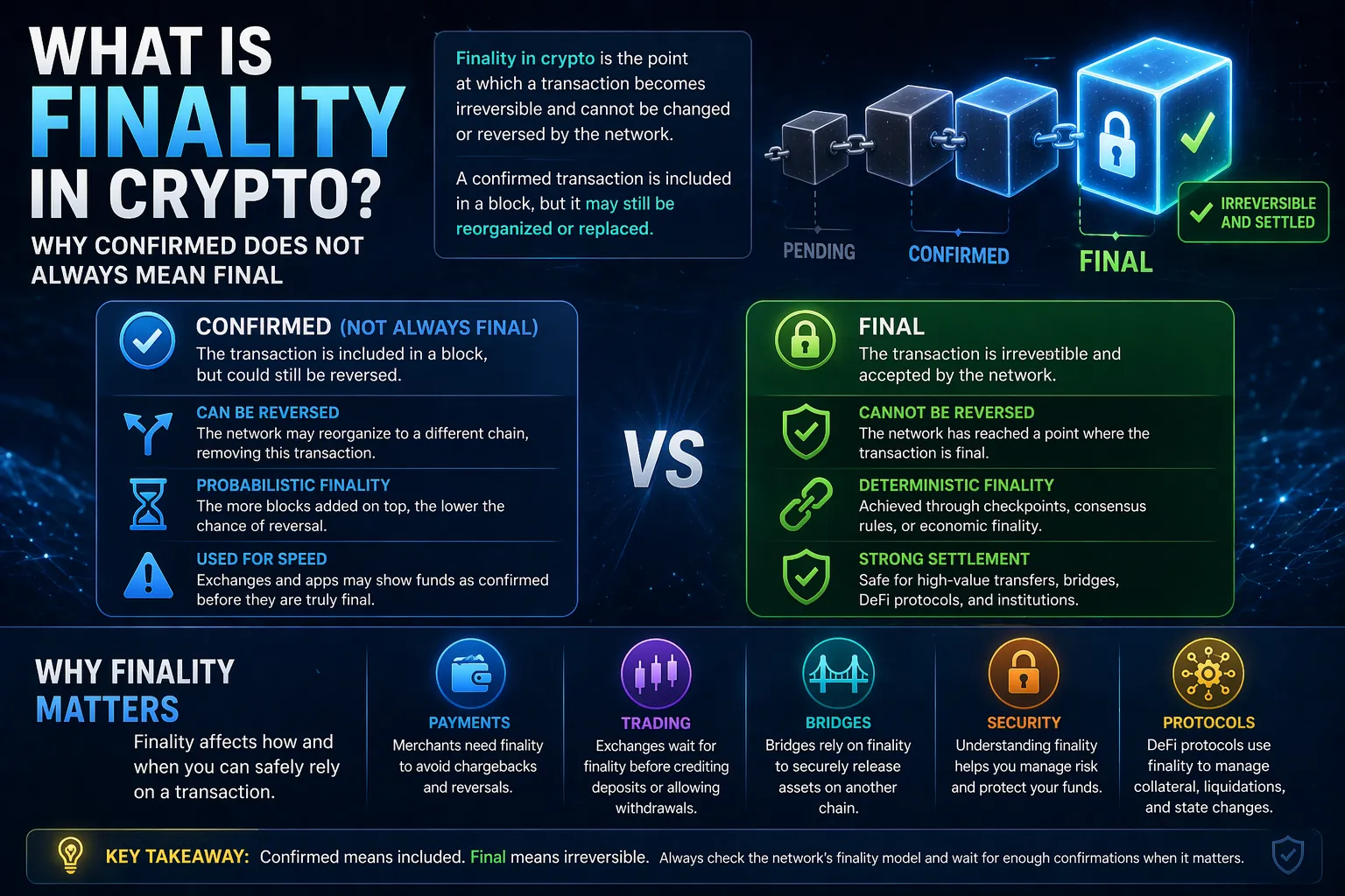 Illustration explaining finality in cryptocurrency transactions and blockchain technology concepts.