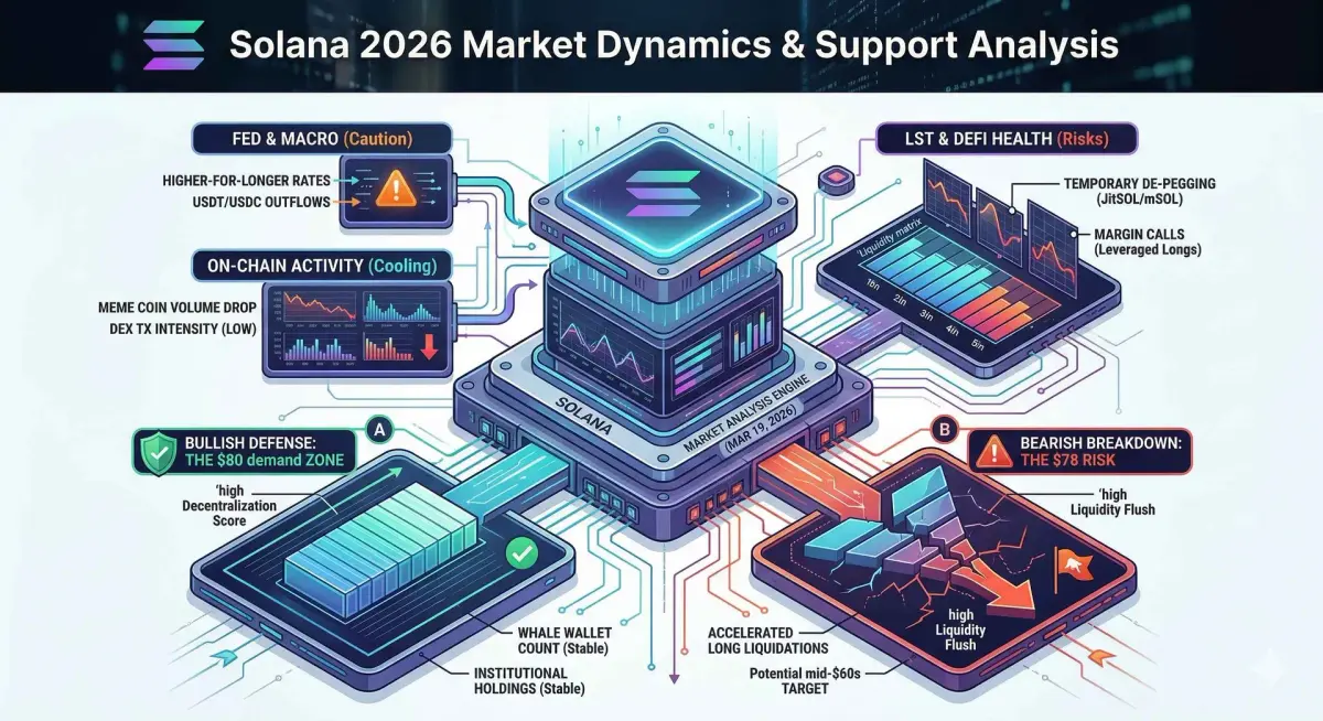 Solana cryptocurrency chart showing price decline and support levels analysis on March 19, 2026.