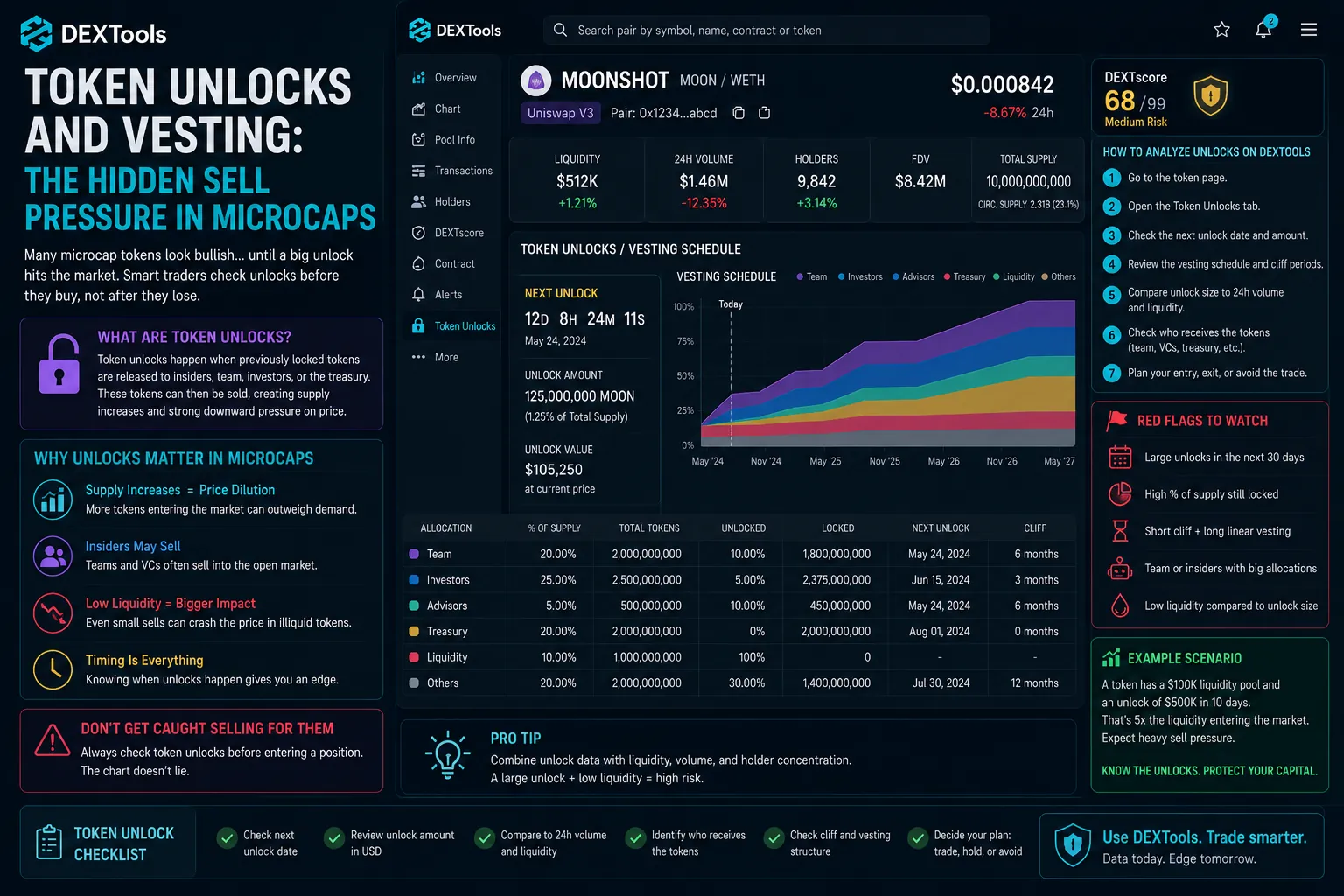 Microcap token market dynamics: rapid gains and hidden sell pressure risks illustrated in trading chart.