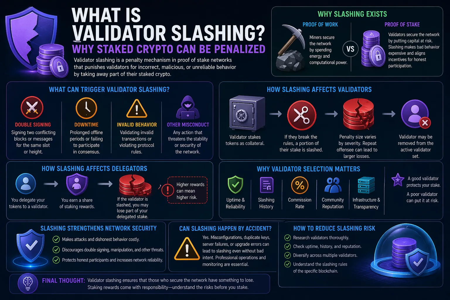 Illustration explaining validator slashing in staked crypto and its impact on proof of stake networks.