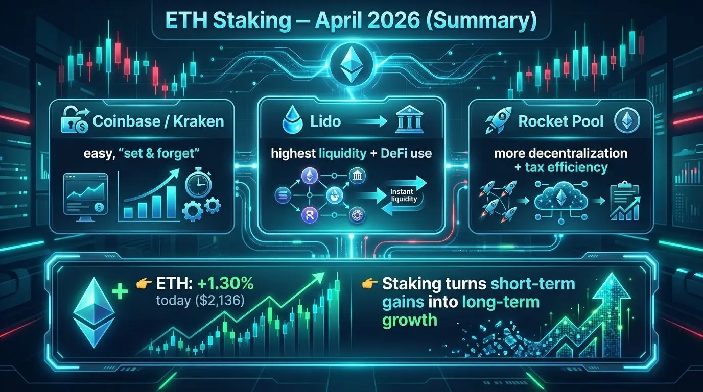Infographic comparing ETH staking platforms: Coinbase, Kraken, Lido, and Rocket Pool as of April 2026.