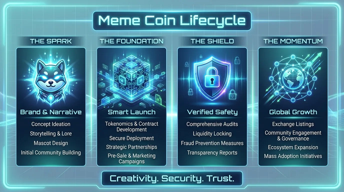 Meme coin lifecycle graphic illustrating costs, fees, and tools for launching digital assets in 2026 financial market.