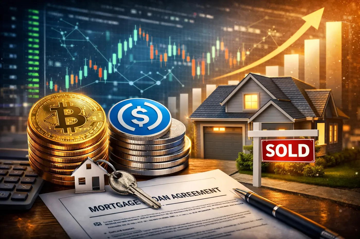 Bitcoin and USDC logos overlaying a house, symbolizing the integration of crypto into the housing market through mortgages.