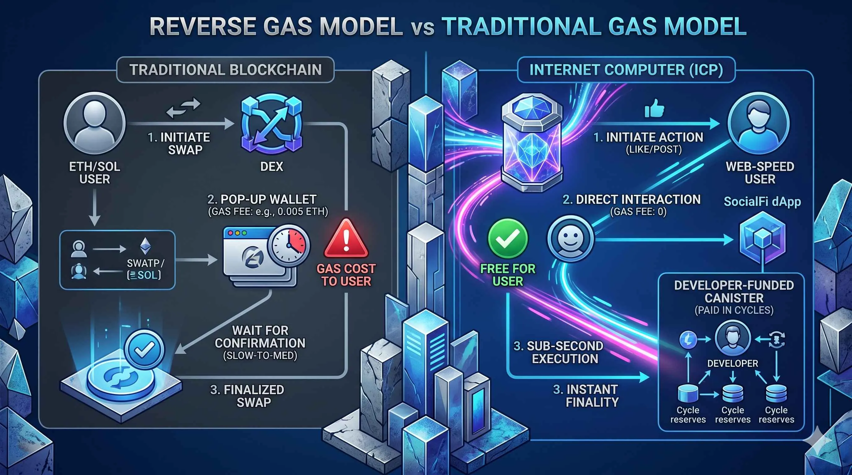Illustration explaining the Reverse Gas Model of Internet Computer (ICP) and its decentralized internet vision.