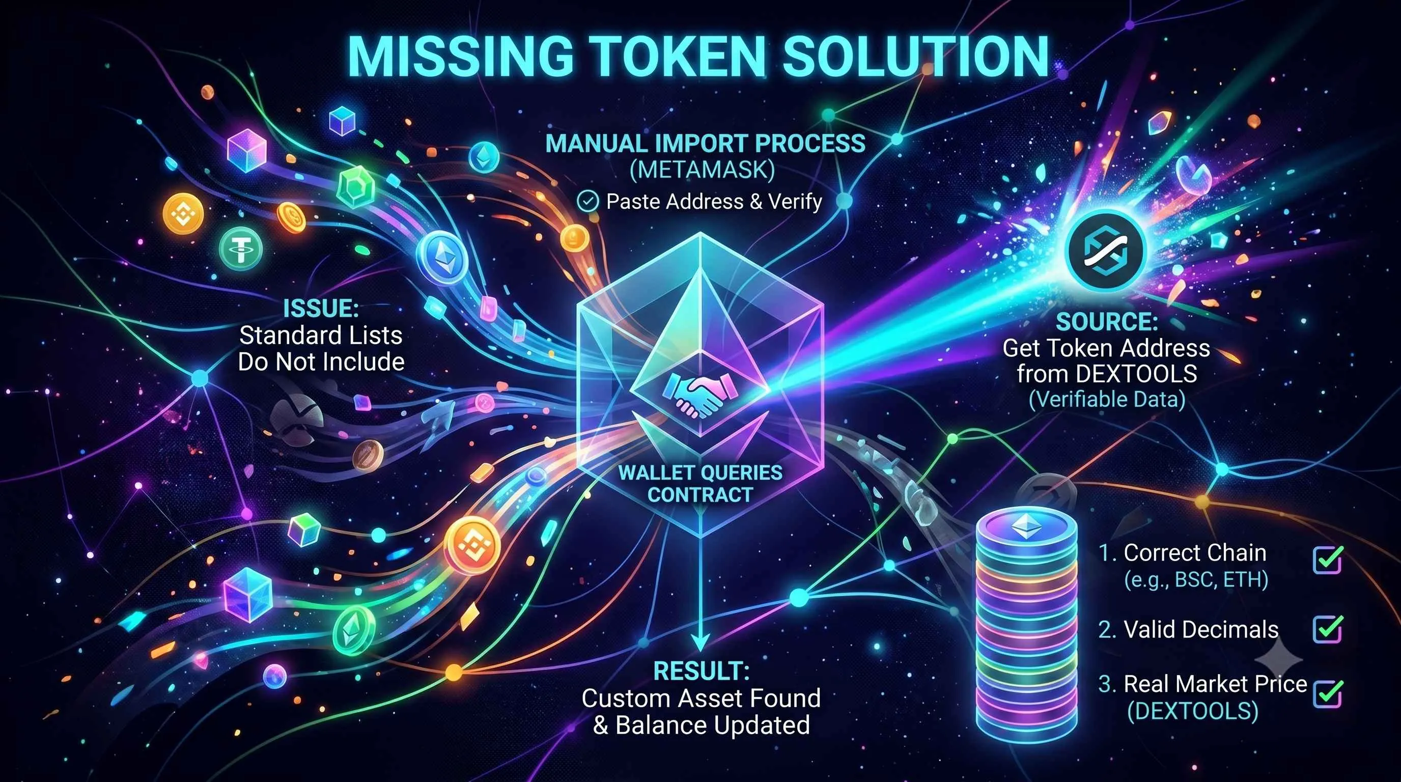 MetaMask wallet interface showing a user adding a custom token to resolve balance issues in cryptocurrency transactions.