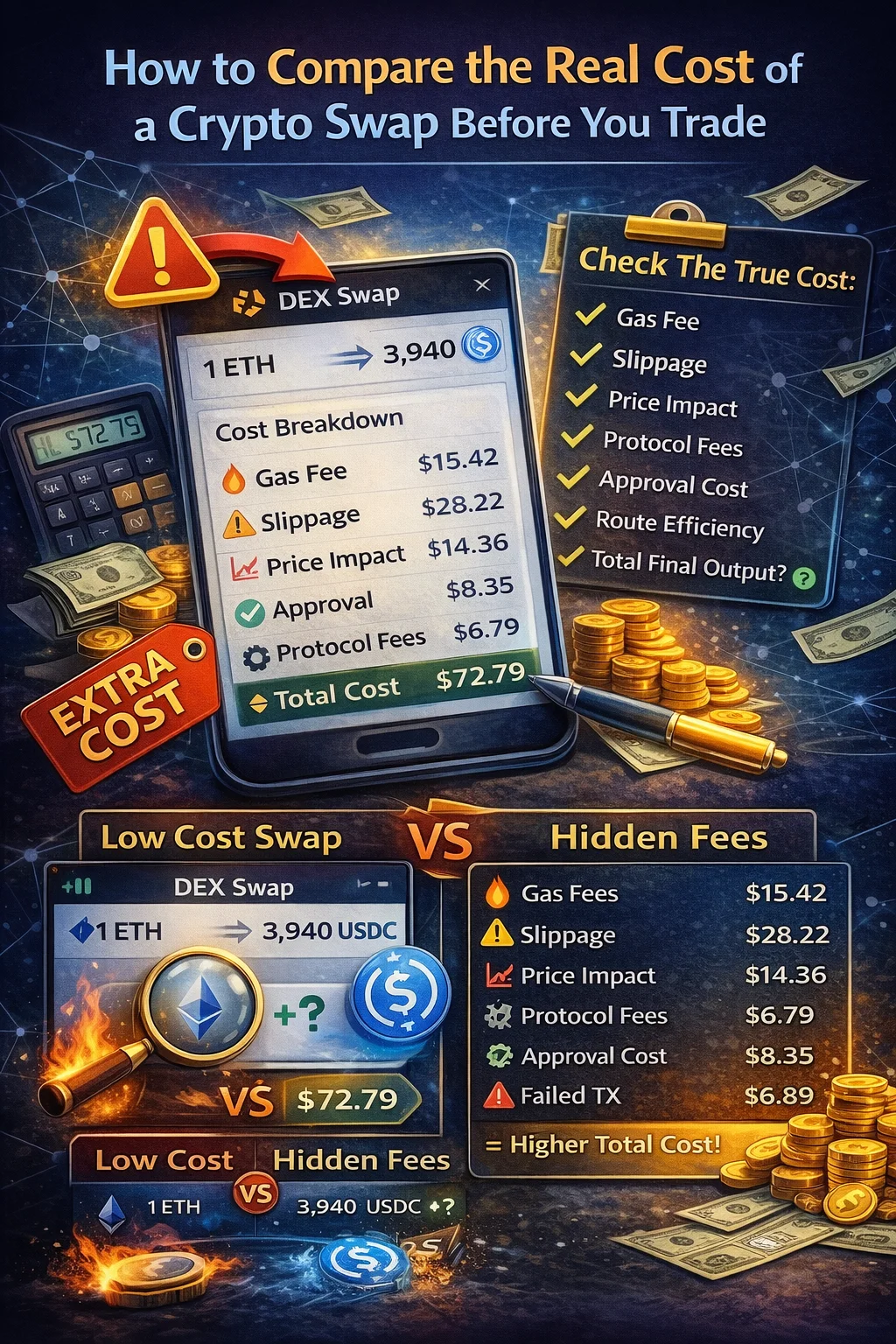 Infographic illustrating the hidden costs of crypto swaps, including gas fees, slippage, and protocol fees.