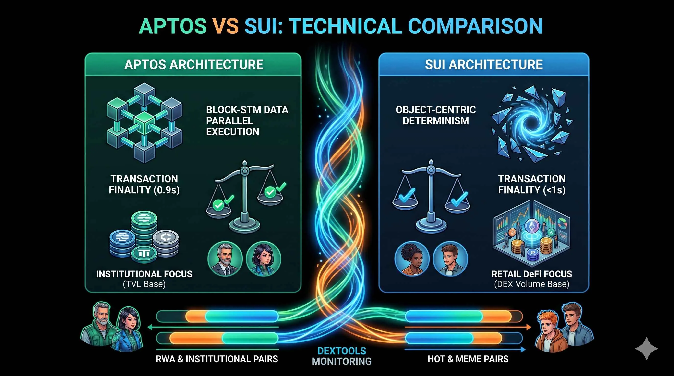 Aptos and Sui blockchain comparison graphic highlighting Layer 1 features and trading strategies for 2026.