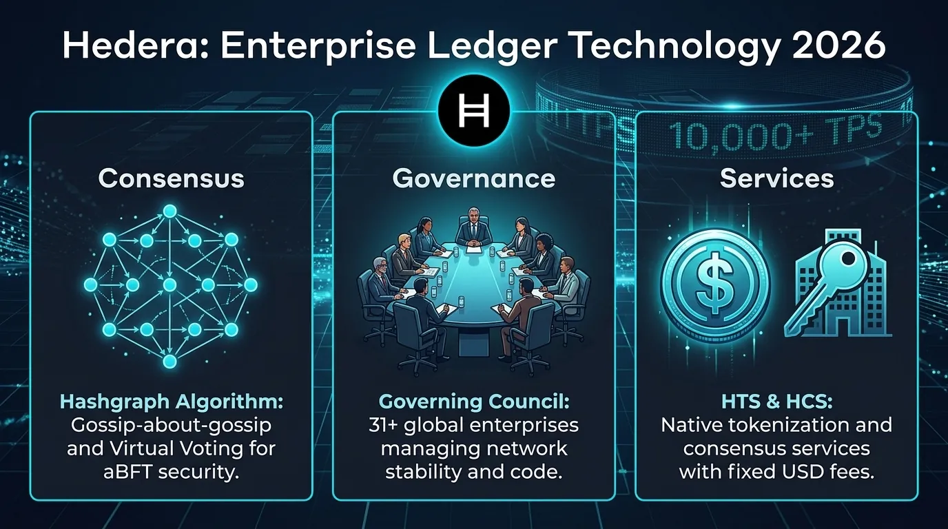 Hedera Hashgraph technology powering enterprise distributed ledgers, showcasing advanced DLT integration in finance.