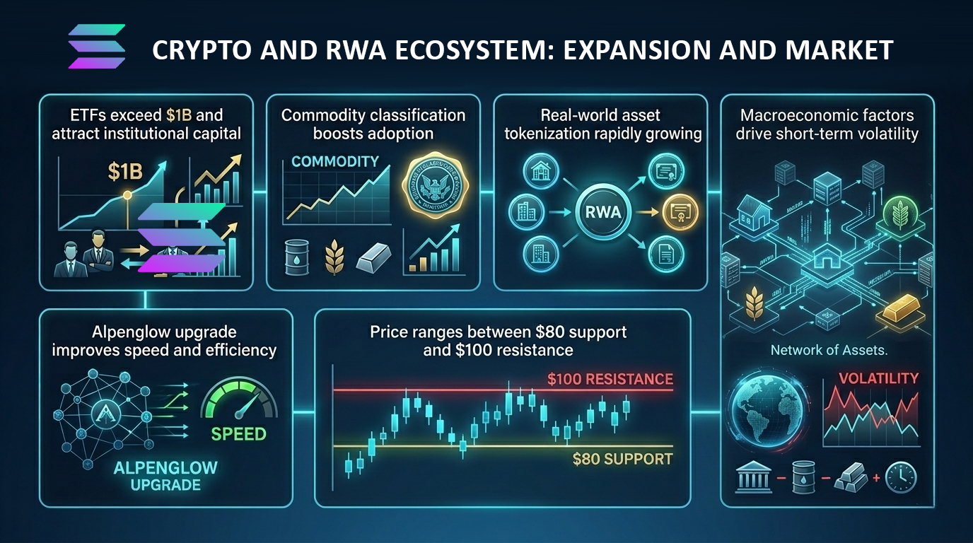 Solana blockchain logo with digital graphics, symbolizing growth and institutional adoption in 2026 cryptocurrency market.