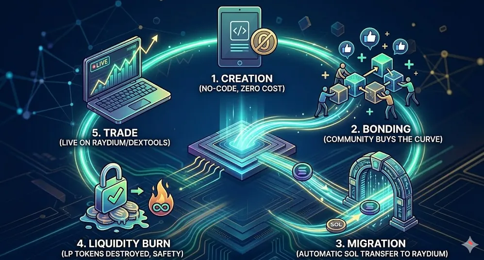 Step-by-step guide to creating a meme coin on Raydium for free in 2026, showcasing simplified crypto project launch.