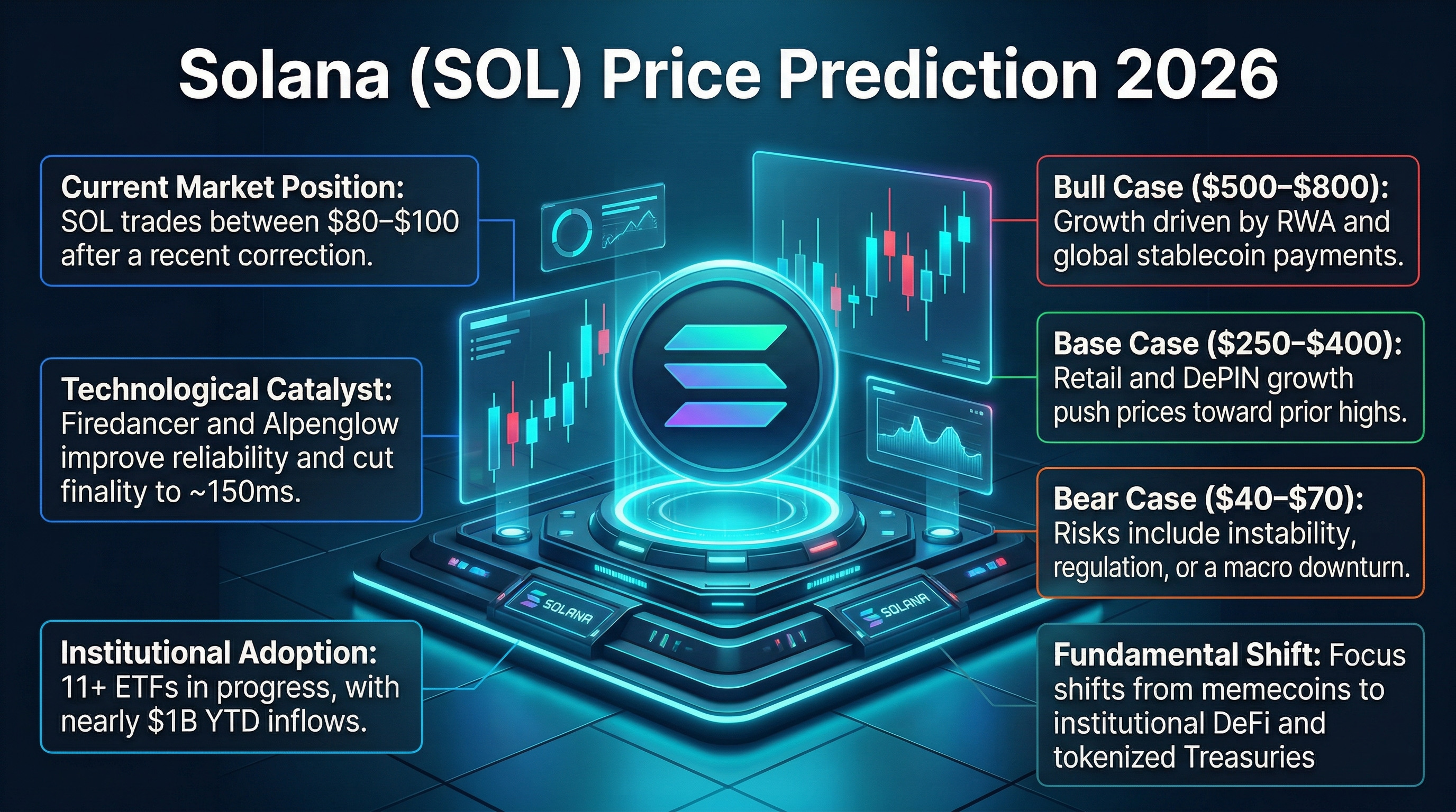 Solana chain price prediction for 2026, showcasing bullish, bearish, and base market scenarios in cryptocurrency.