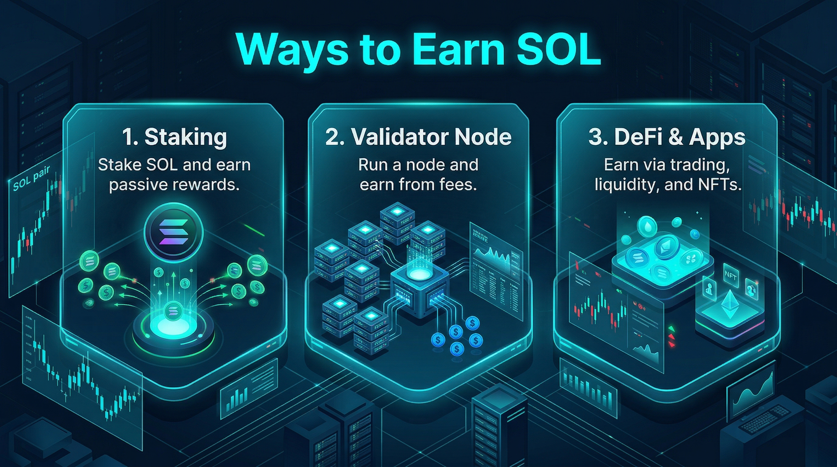 Illustration of alternative ways to earn Solana cryptocurrency, highlighting staking and other methods instead of mining.