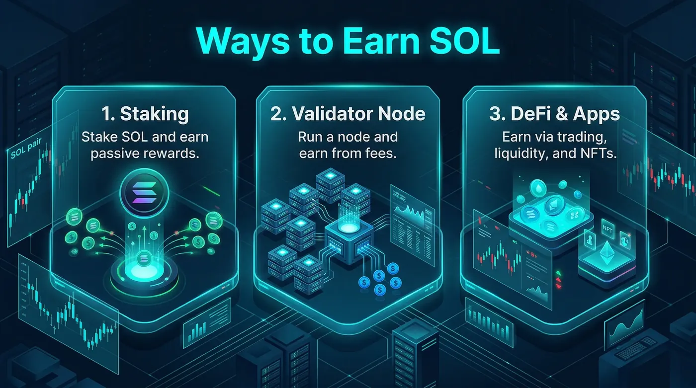 Illustration of alternative ways to earn Solana cryptocurrency, highlighting staking and other methods instead of mining.