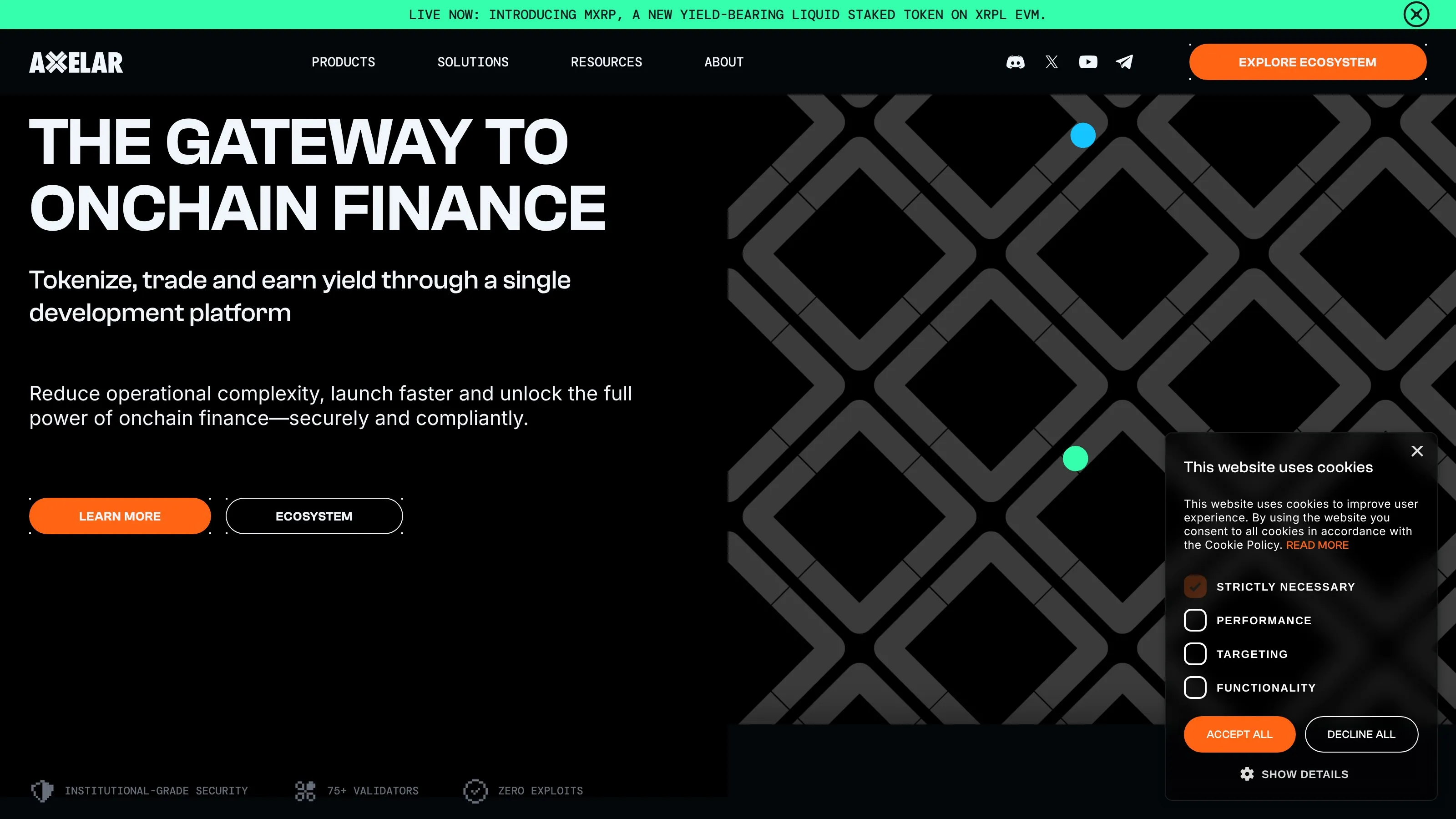 Axelar homepage showing cross-chain messaging and interoperability infrastructure.