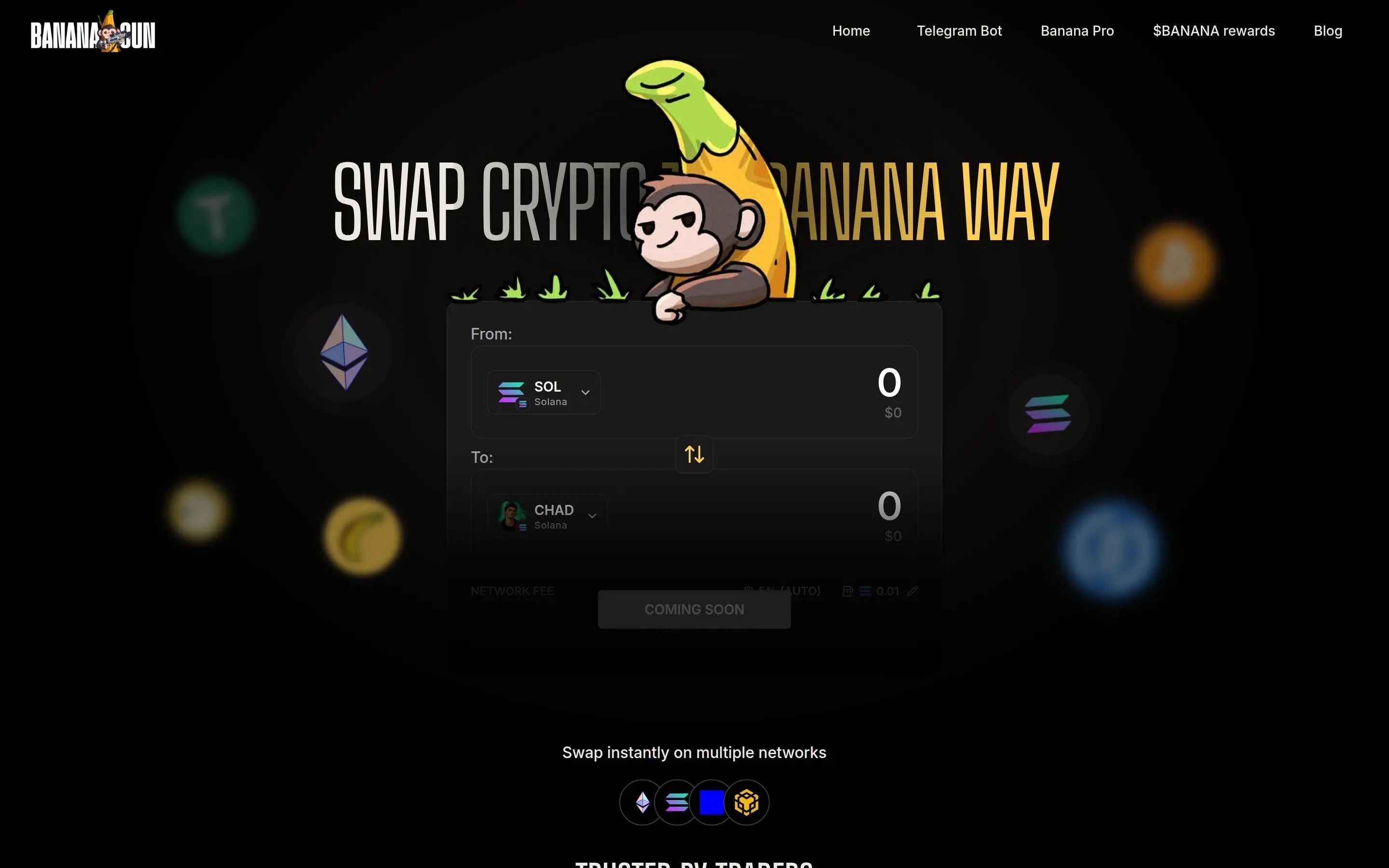 Banana Gun homepage showing trading bot features