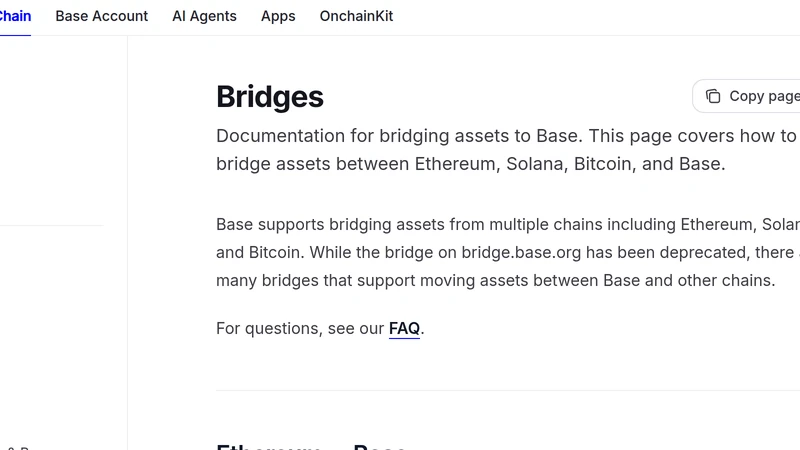 Base documentation page listing bridge options after bridge.base.org was deprecated