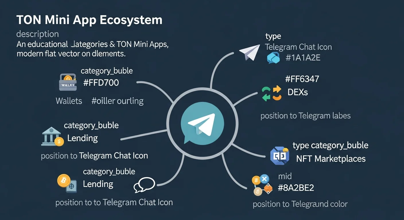 Diagram of TON Mini App categories: wallets, DEXs, lending, NFT marketplaces, games, creator tools