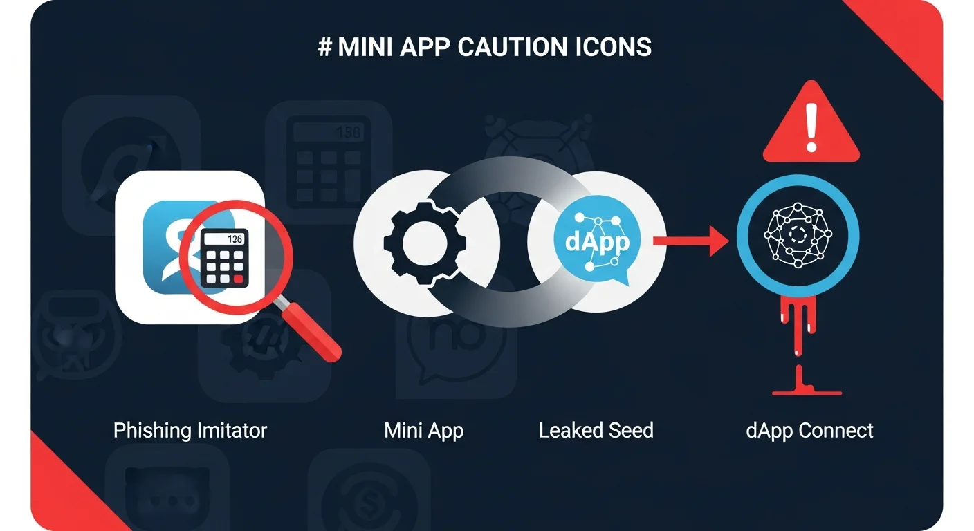 Four-panel illustration of Mini App caution icons: phishing imitator, drainer connect, seed prompt, fake premium