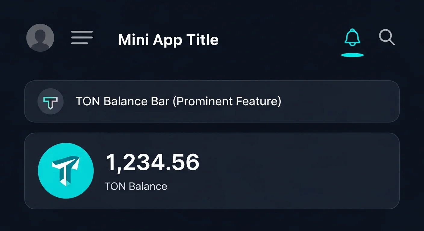 Telegram Mini App home screen mockup with a navigation grid of generic icons and TON balance bar
