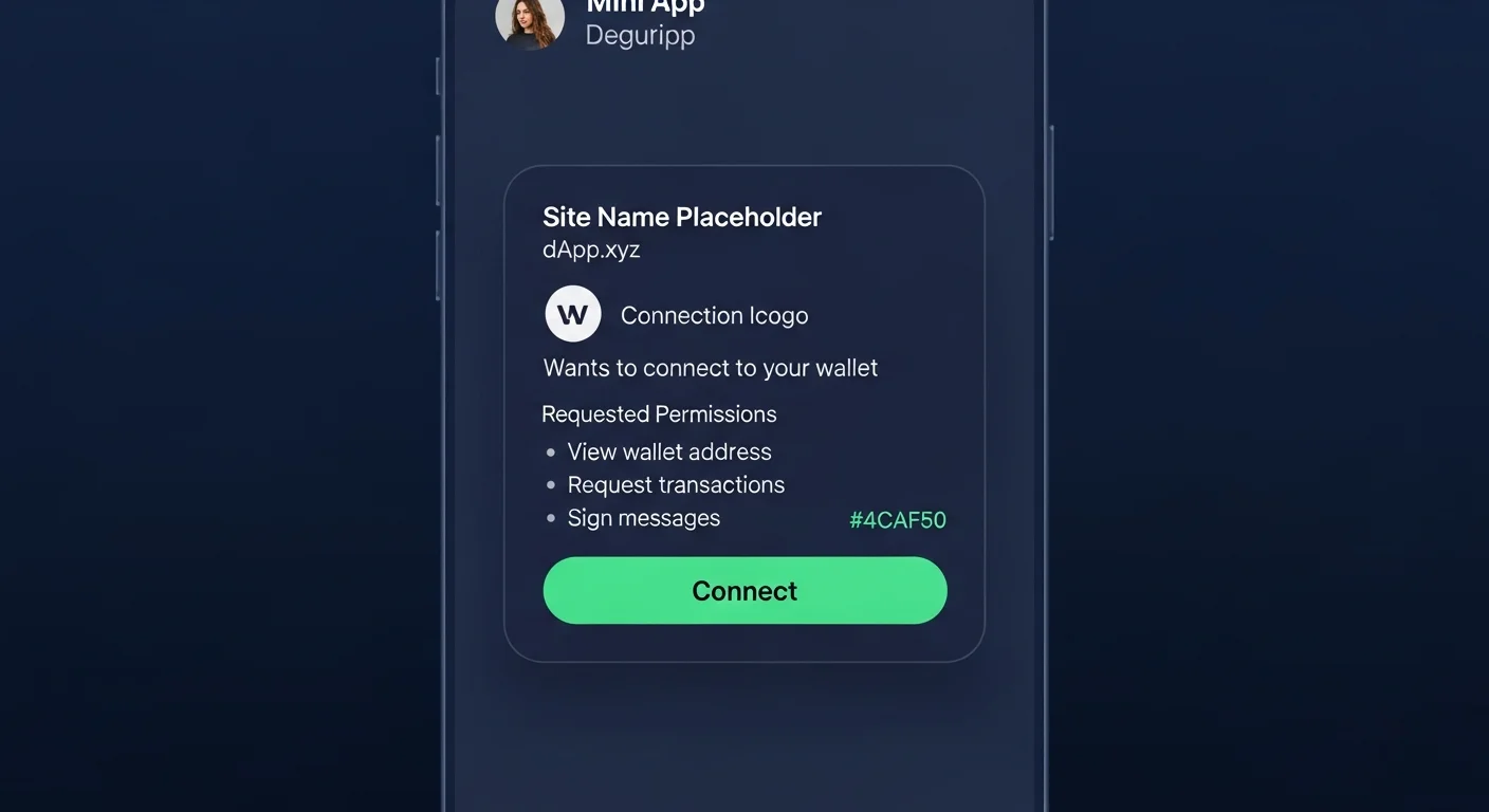 Wallet-connect prompt mockup inside a Mini App with site name, permissions list, connect and reject buttons