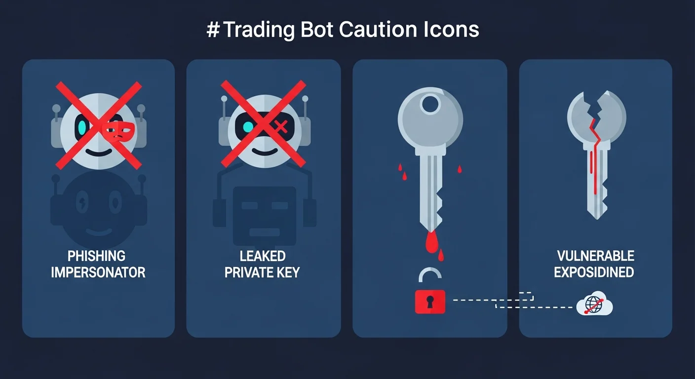 Four-panel illustration of trading bot caution icons: phishing impersonator, leaked key, MEV sandwich, slippage runaway